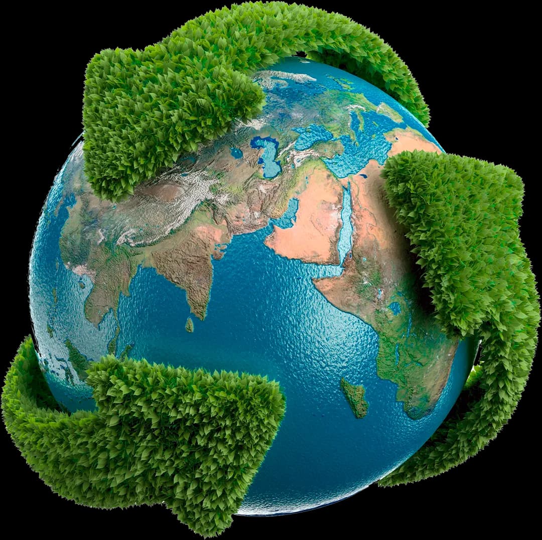 Planeta Terra envolvido pelo símbolo da reciclagem em relevo de grama